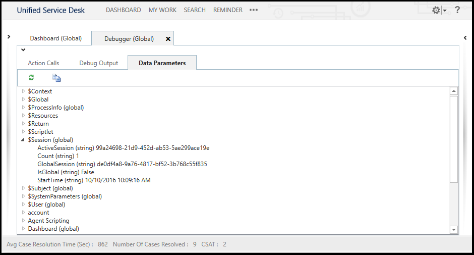 Unified Service Desk Debug Data Parameters tab Unified Service Desk Debug Data Parameters tab.