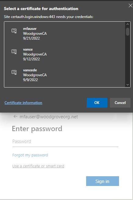 Screenshot of how to select a certificate.
