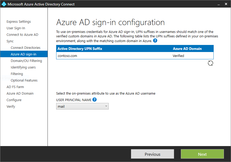 Screenshot that shows the "Microsoft Entra sign-in configuration" page for choosing a different attribute for the UPN.