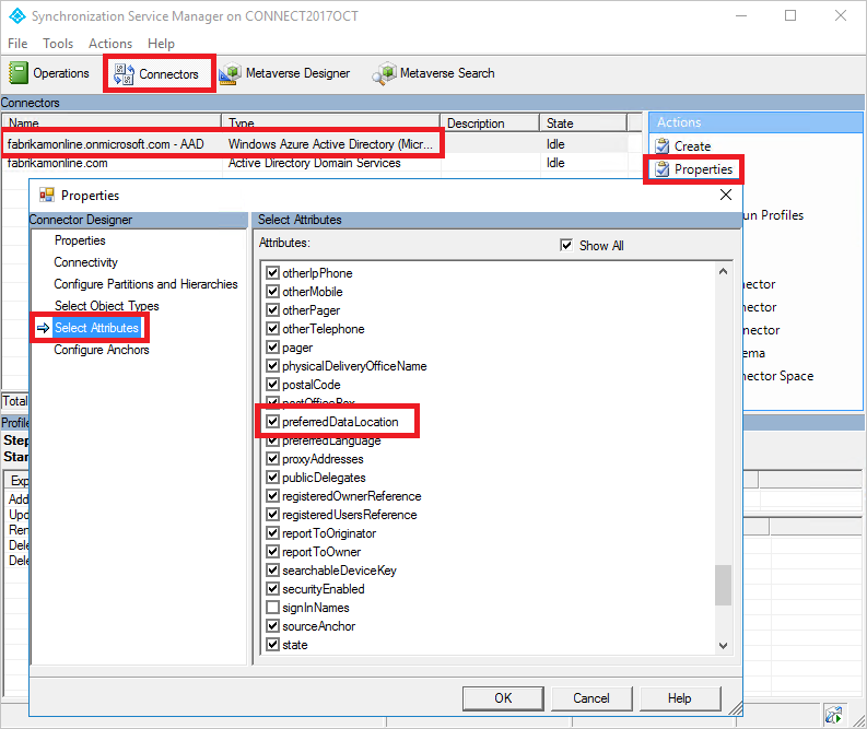 Screenshot of Synchronization Service Manager and Properties dialog box