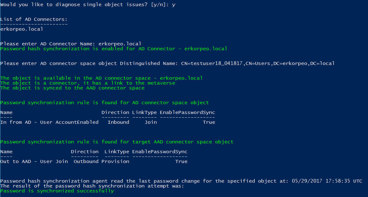 Diagnostic output for password hash synchronization - single object