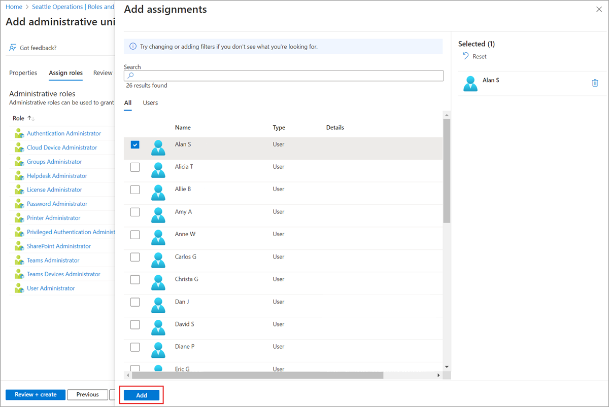 Screenshot showing the Add assignments pane to add role assignments with this administrative unit scope.