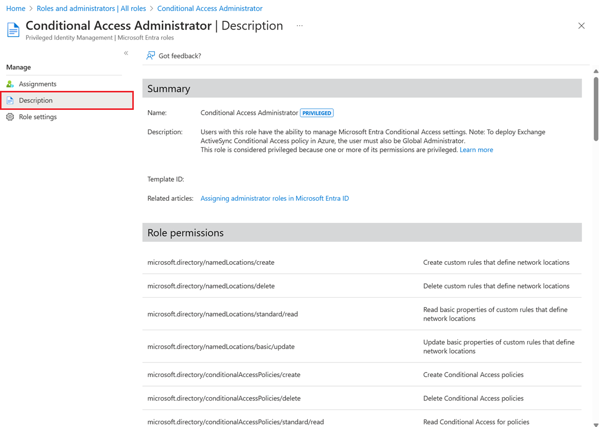 Screenshot that shows the "Conditional Access Administrator - Description" page.