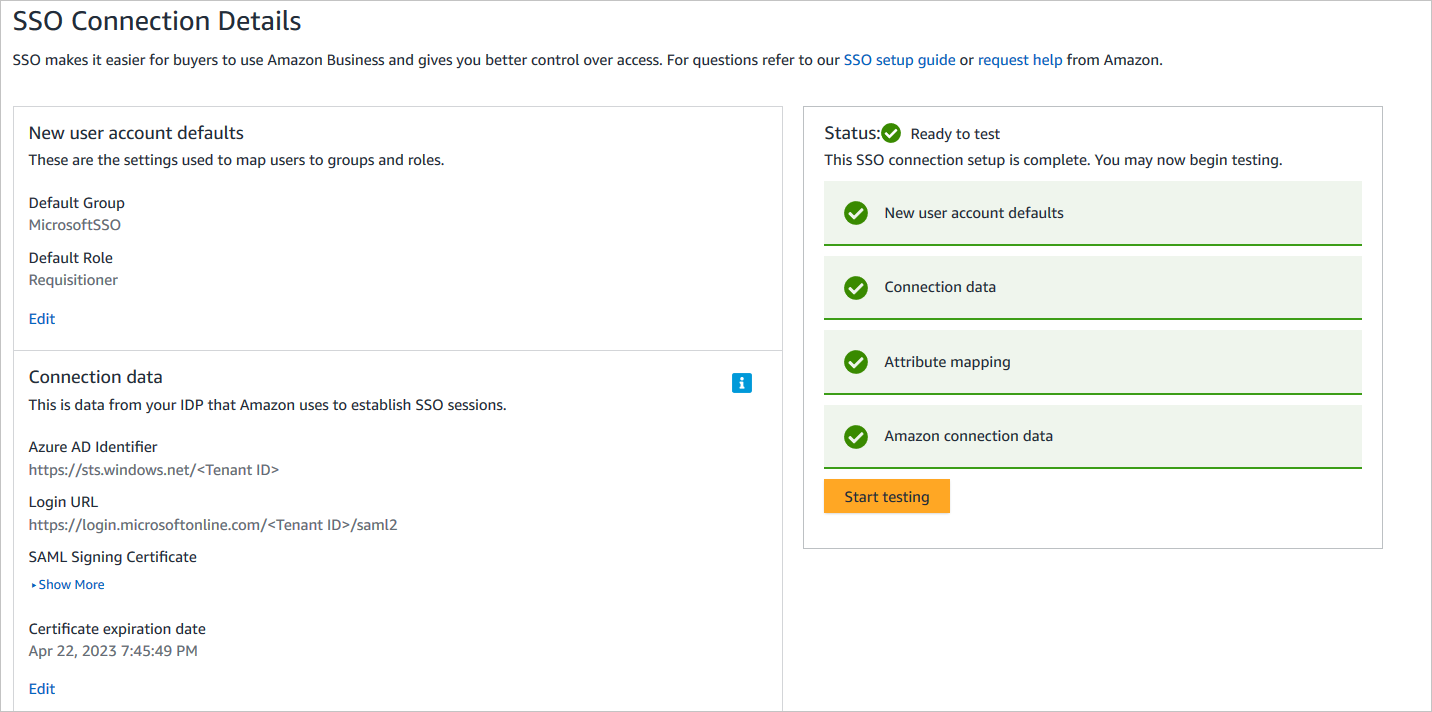 Screenshot shows S S O Connection Details with the option to Start testing.