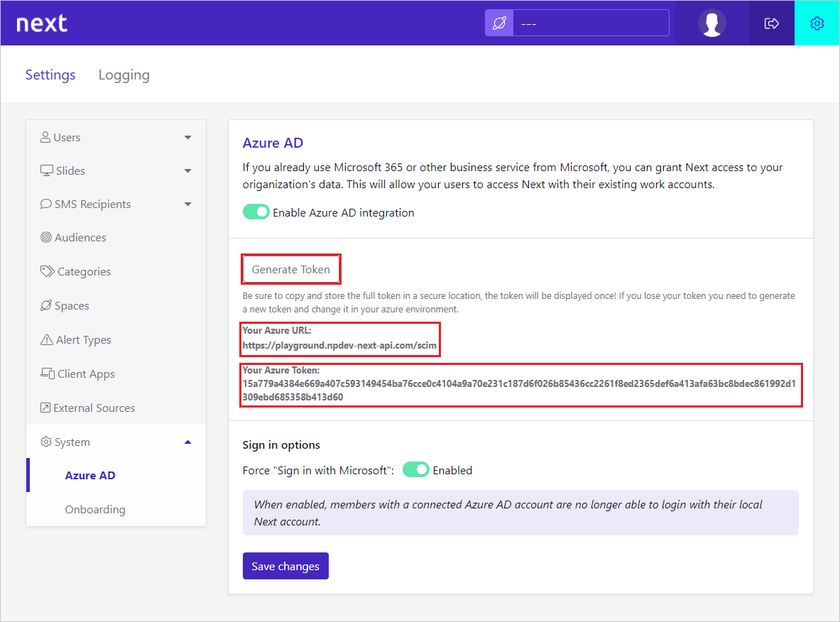 Screenshot shows the Token and URL values in Netpresenter Next.