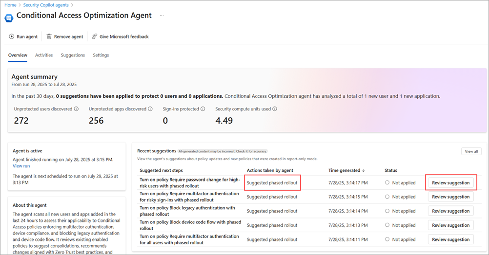 Screenshot of the agent suggestions with a phased rollout type highlighted.