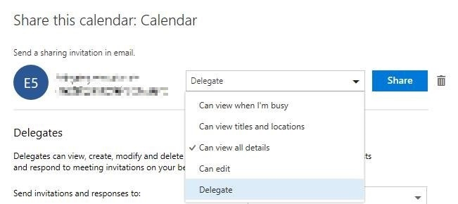 Screenshot of the selecting Delegate in the drop-down menu page.