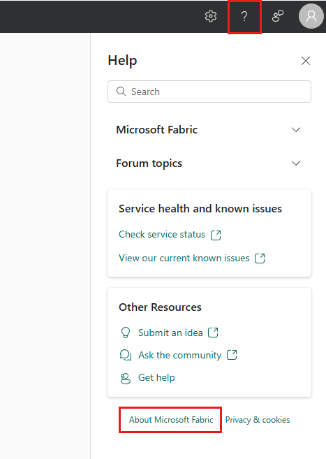 Στιγμιότυπο οθόνης που δείχνει πώς μπορείτε να μεταβείτε στην ενότητα Πληροφορίες για το Microsoft Fabric στο παράθυρο βοήθειας.