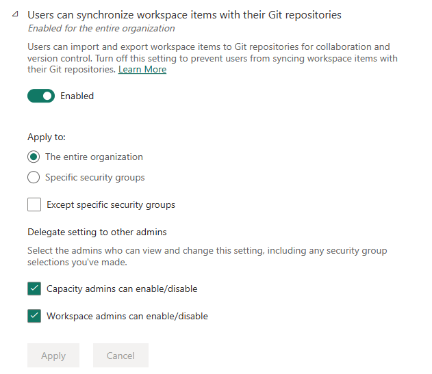 Στιγμιότυπο οθόνης του διακόπτη ενοποίησης Git.