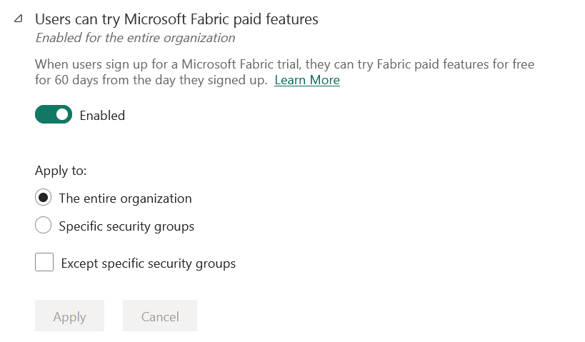 Στιγμιότυπο οθόνης που εμφανίζει ότι οι χρήστες μπορούν να δοκιμάσουν δυνατότητες επί πληρωμή του Microsoft Fabric.