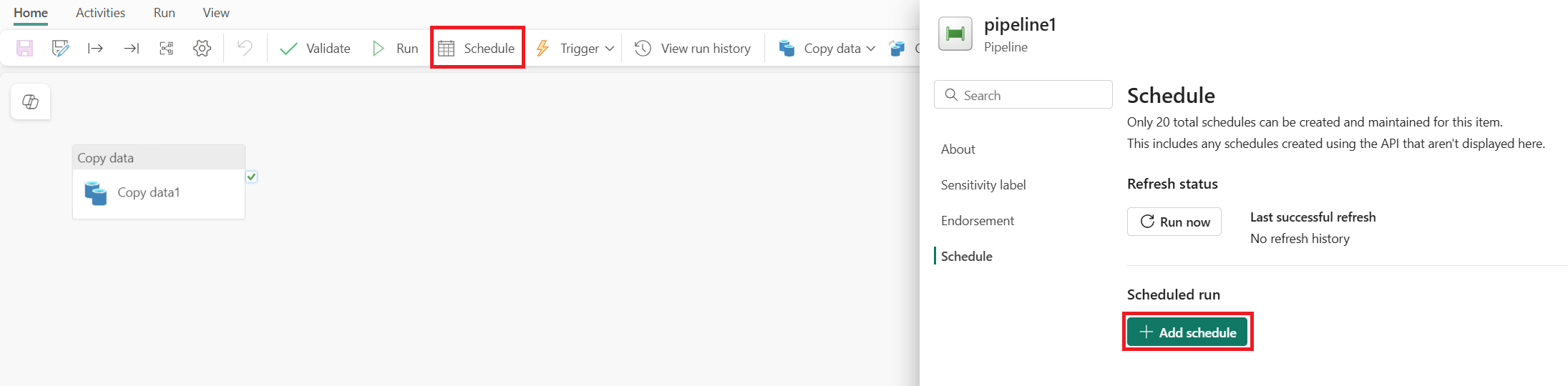 Στιγμιότυπο οθόνης που δείχνει πού να επιλέξετε Χρονοδιάγραμμα στην Κεντρική καρτέλα.