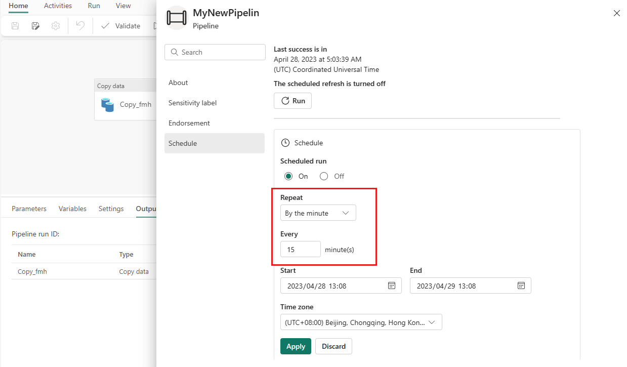 Στιγμιότυπο οθόνης που εμφανίζει το παράθυρο διαλόγου χρονοδιαγράμματος για τη διοχέτευση με επαναλαμβανόμενο χρονοδιάγραμμα 15 λεπτών.