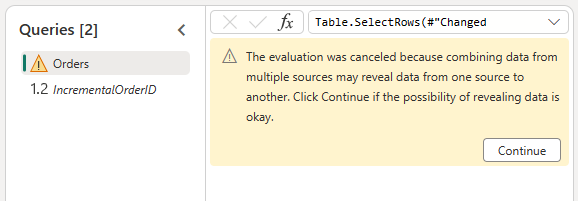 Στιγμιότυπο οθόνης που εμφανίζει το παράθυρο διαλόγου να επιτρέπεται ο συνδυασμός δεδομένων.
