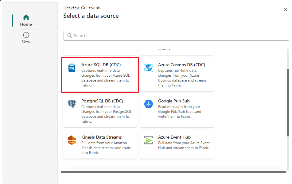 Ένα στιγμιότυπο οθόνης επιλογής της βάσης δεδομένων SQL Azure (CDC).