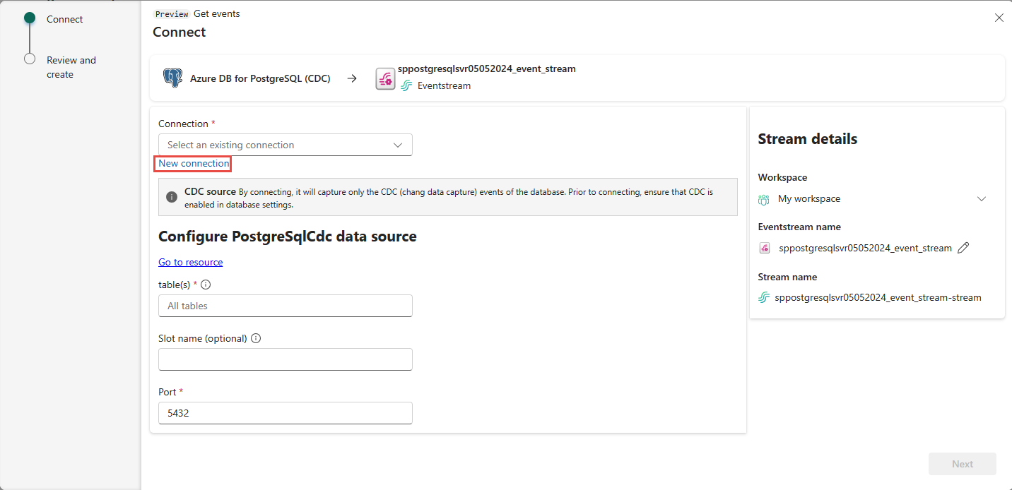 Στιγμιότυπο οθόνης που εμφανίζει τη σελίδα Σύνδεση για μια βάση δεδομένων Azure PostgreSQL με επισημασμένη τη Νέα σύνδεση σύνδεσης.