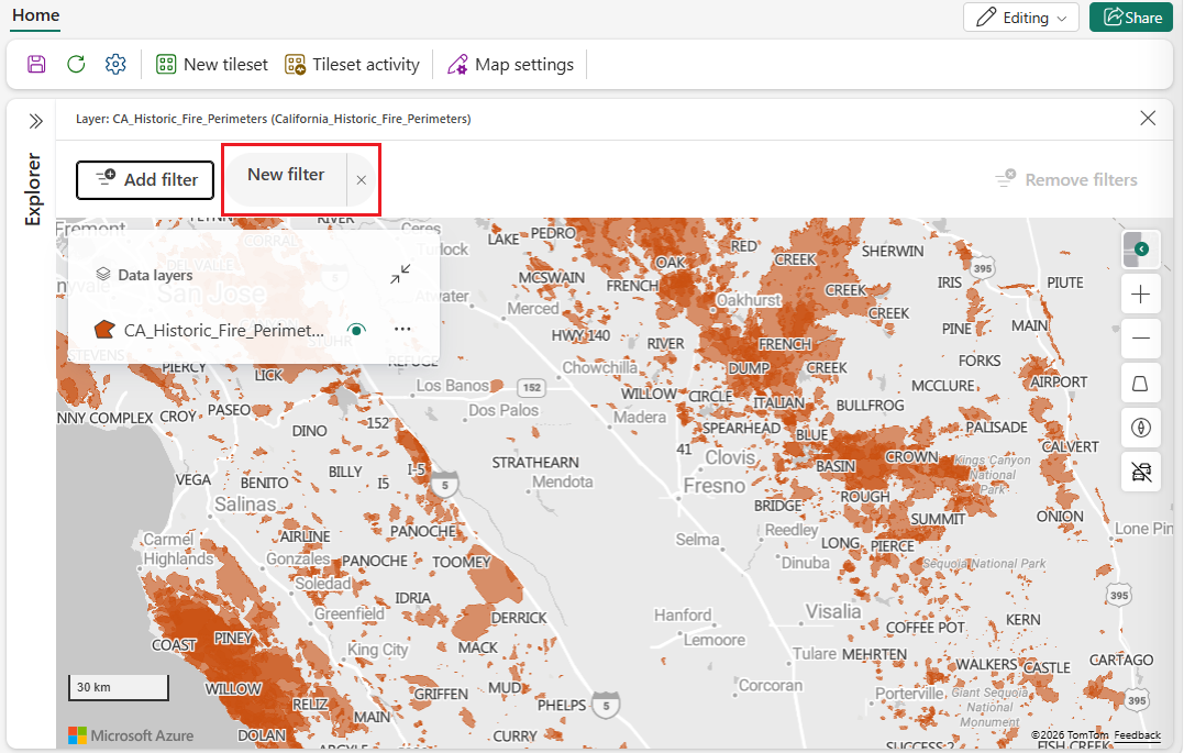 Ένα στιγμιότυπο οθόνης του πίνακα φίλτρων Fabric Maps που εμφανίζει ένα κουμπί Νέο φίλτρο με ένα εικονίδιο φίλτρου τοποθετημένο δίπλα στο κουμπί Προσθήκη φίλτρου στο επάνω μέρος του πίνακα.
