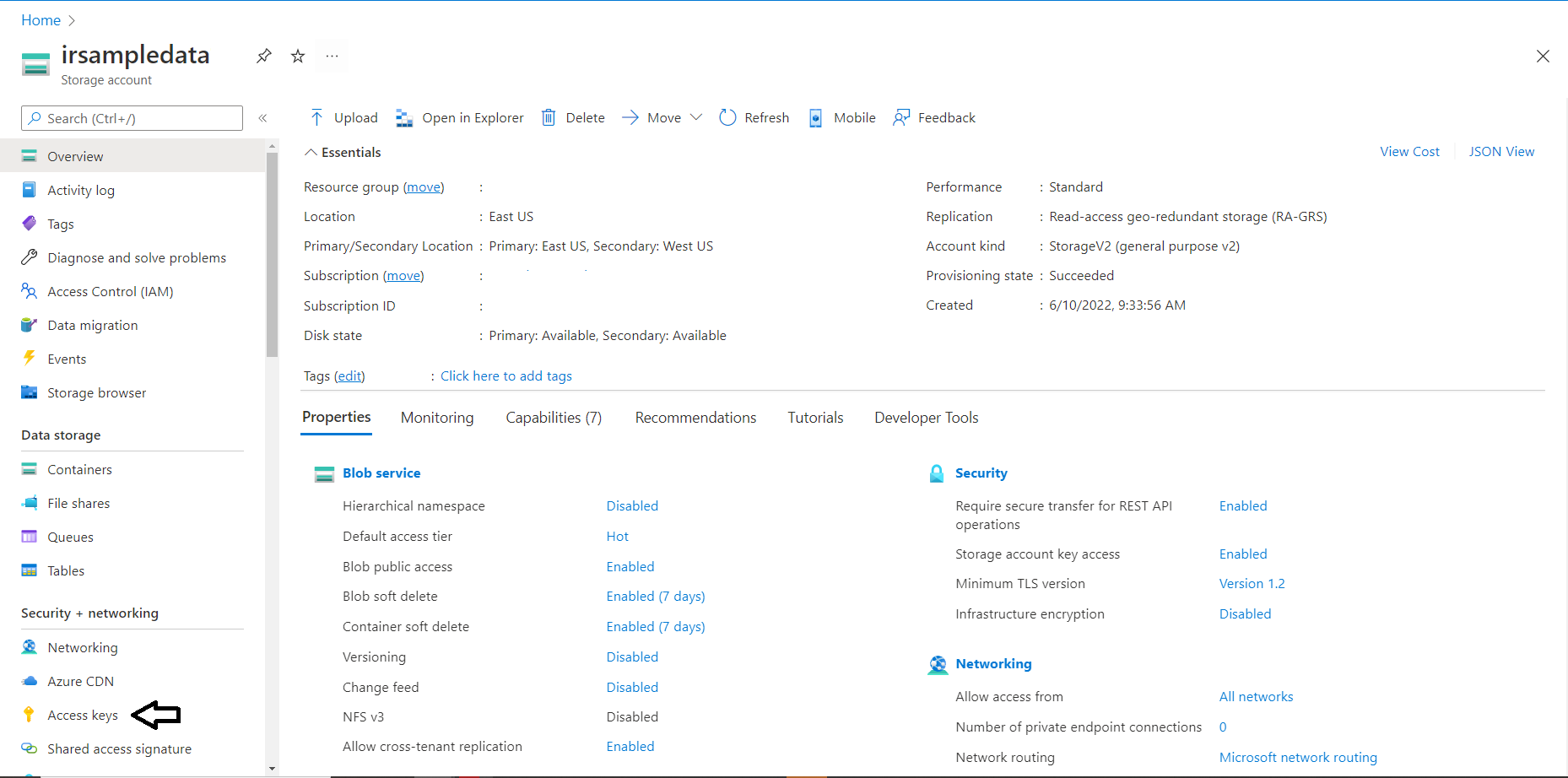 Return to your storage account and click on Access Keys in the left menu. Return to your storage account and click on Access Keys in the left menu.