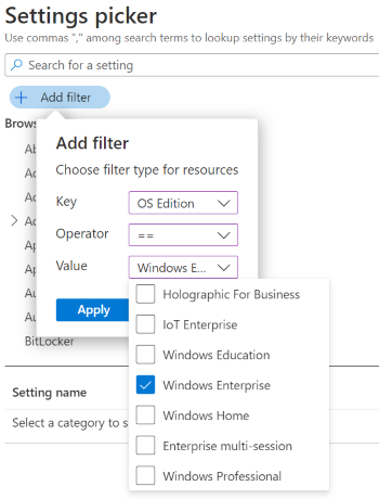 Screenshot that shows the settings catalog when you filter the settings list by Windows edition in Microsoft Intune and Intune admin center.