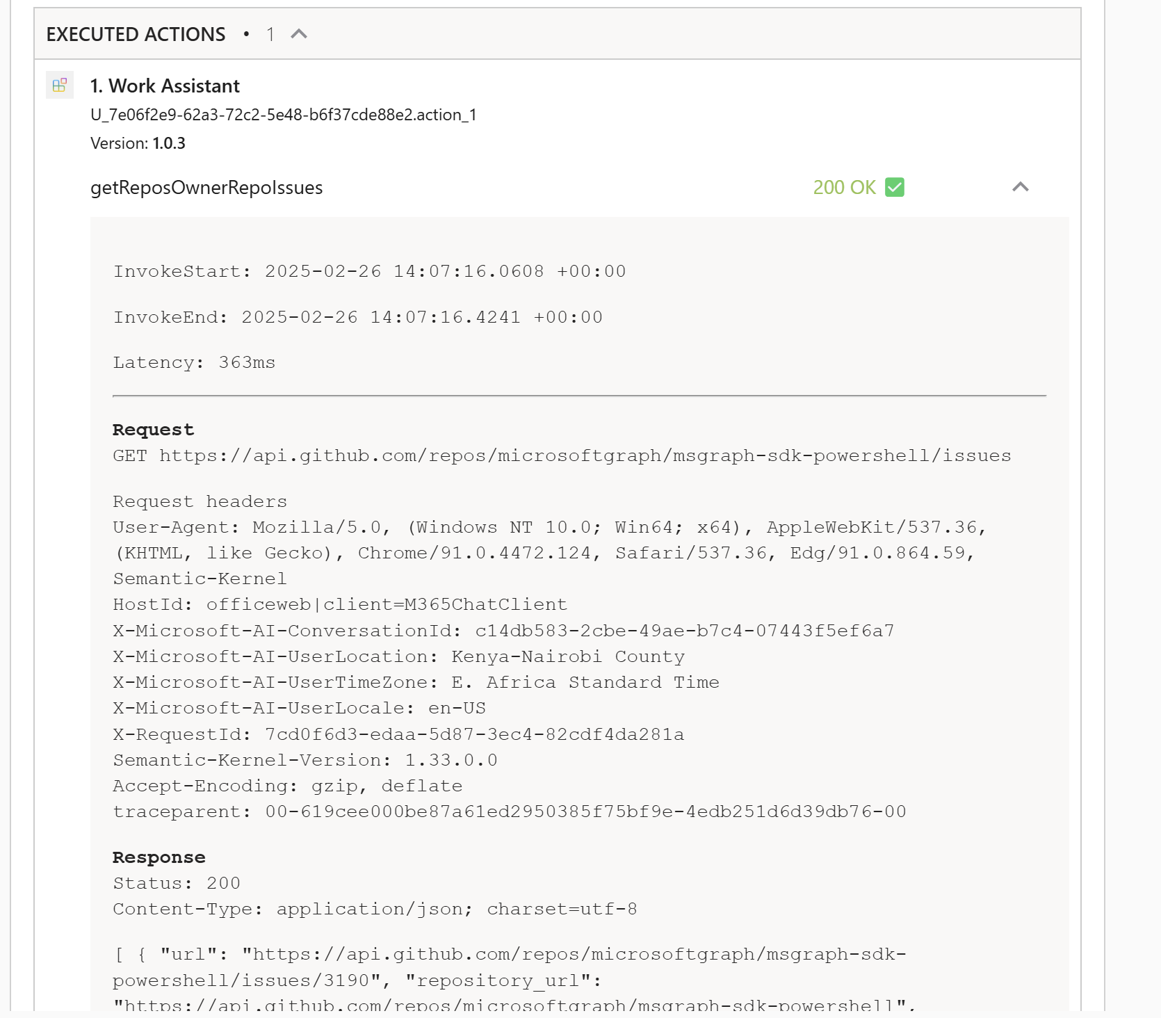 Screenshot of Microsoft 365 Copilot session where Copilot has returned a card with debugging information showing the executed actions