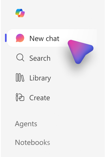 Screen shot that shows the Microsoft 365 Copilot app left navigation and its features for users with a Microsoft 365 Copilot license.