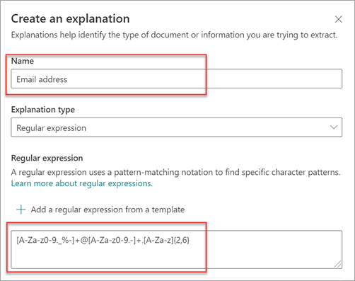 Screenshot showing the Create an explanation panel with Email address template applied.