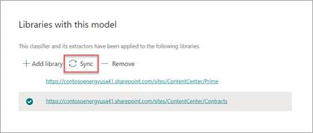 Screenshot showing Libraries with this model section with Sync highlighted.