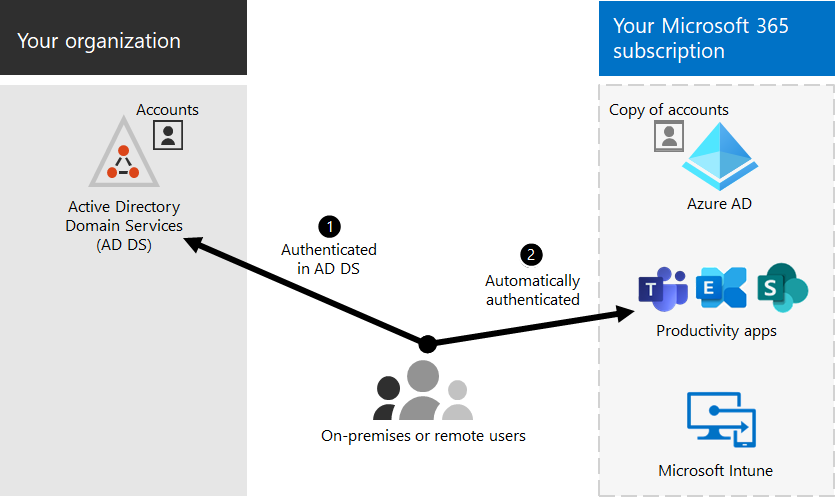 With single sign-on, the same account is available in both the on-premises and online environments.