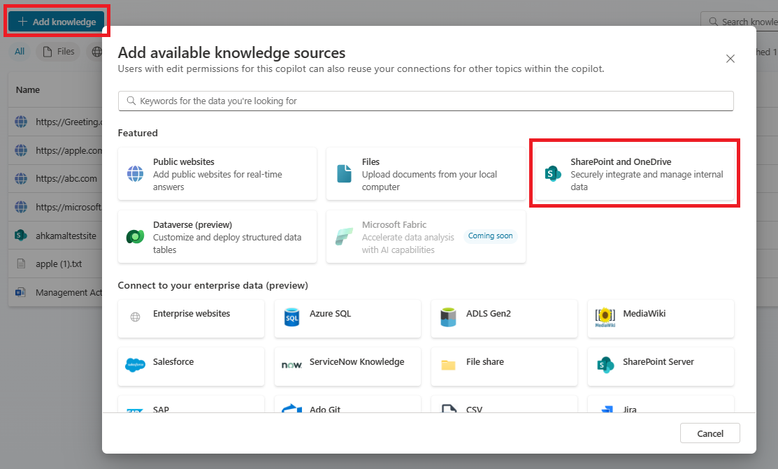 Στιγμιότυπο οθόνης για προσθήκη πηγής γνώσης SharePoint και OneDrive.