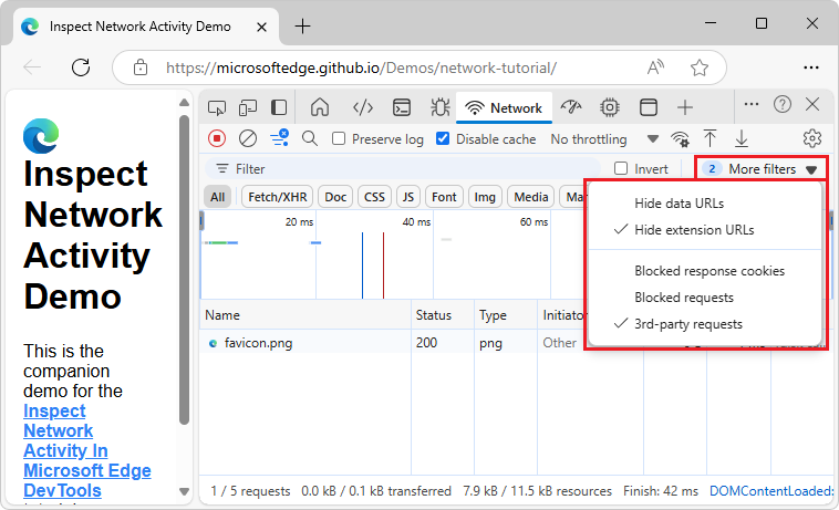The "Show only/hide requests" dropdown list
