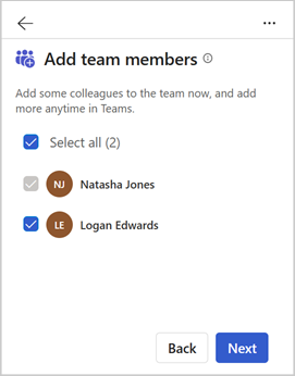 Στιγμιότυπο οθόνης της διαδικασίας προσθήκης μελών ομάδας στο Copilot for Sales για το Outlook.