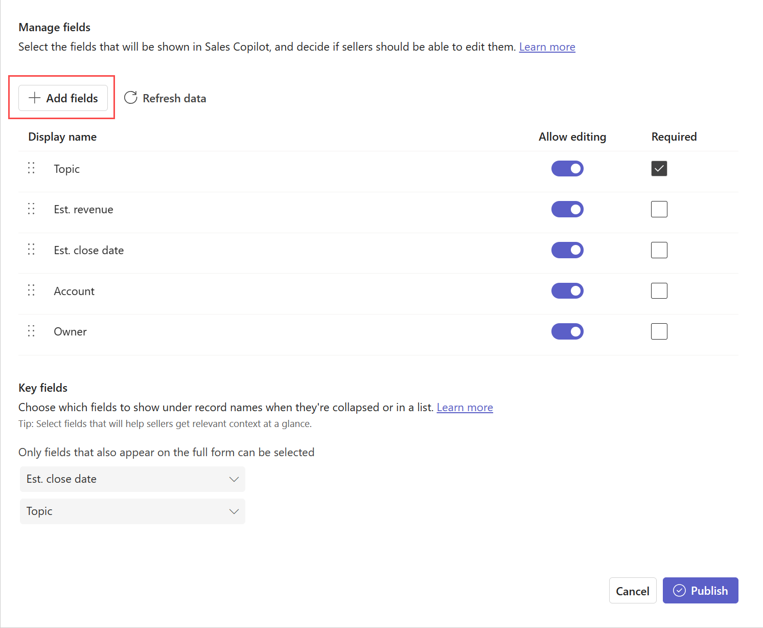 Screenshot showing how to add fields to a CRM record in the Sales agent. Screenshot showing how to add fields to a CRM record in the Sales agent.