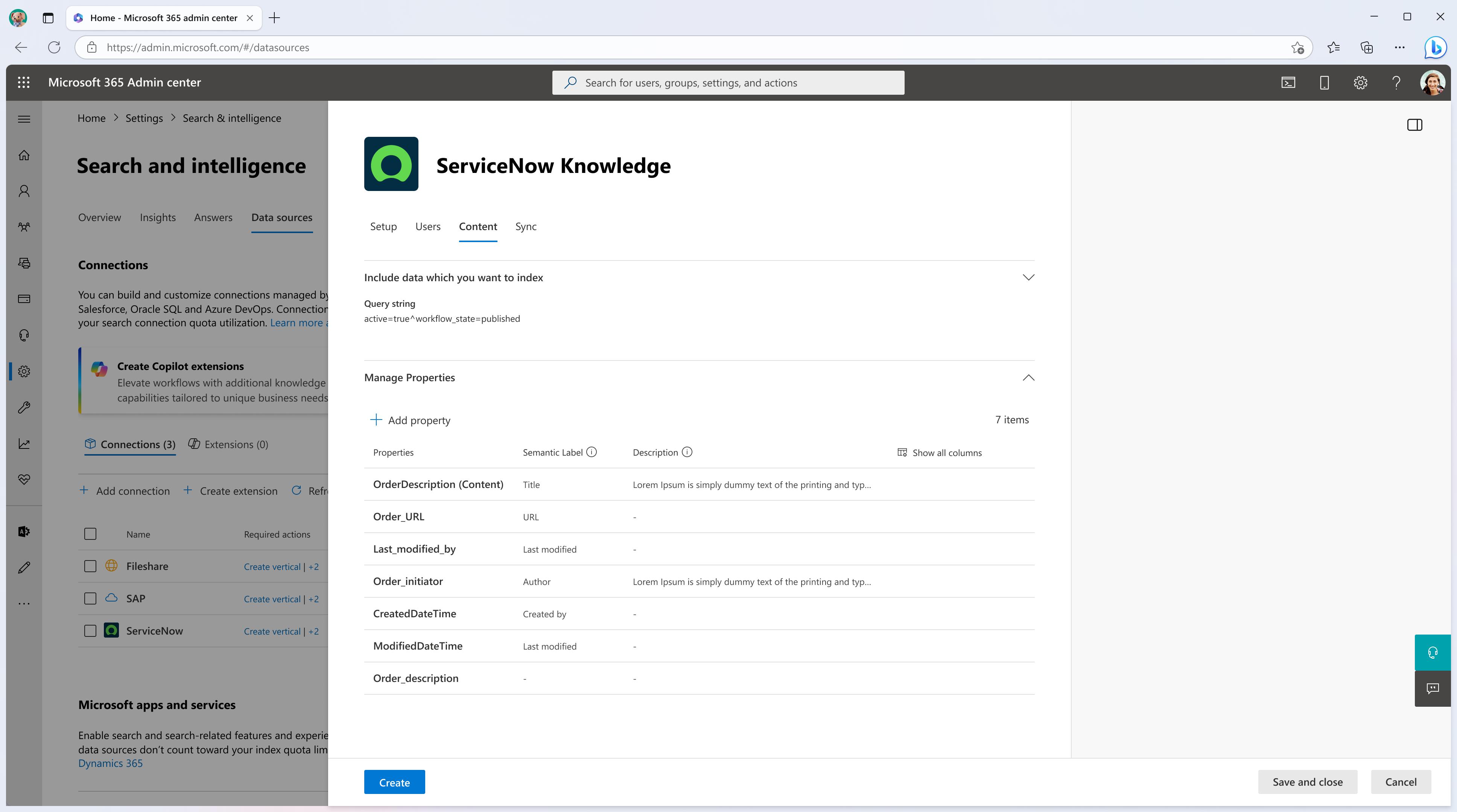 Configure settings related to your content Screenshot that shows the content tab where you can configure the query string and properties
