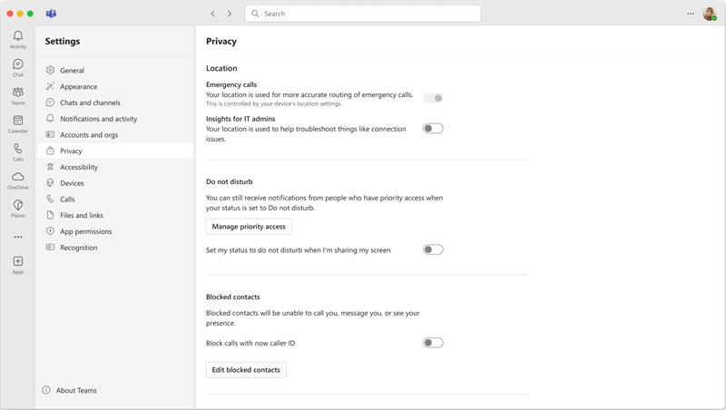 Screenshot of the Privacy settings page in Teams, with the Emergency calls toggle not available.