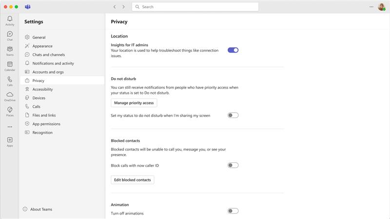 Screenshot of the Privacy settings page in Teams showing the Insights for IT admins toggle.