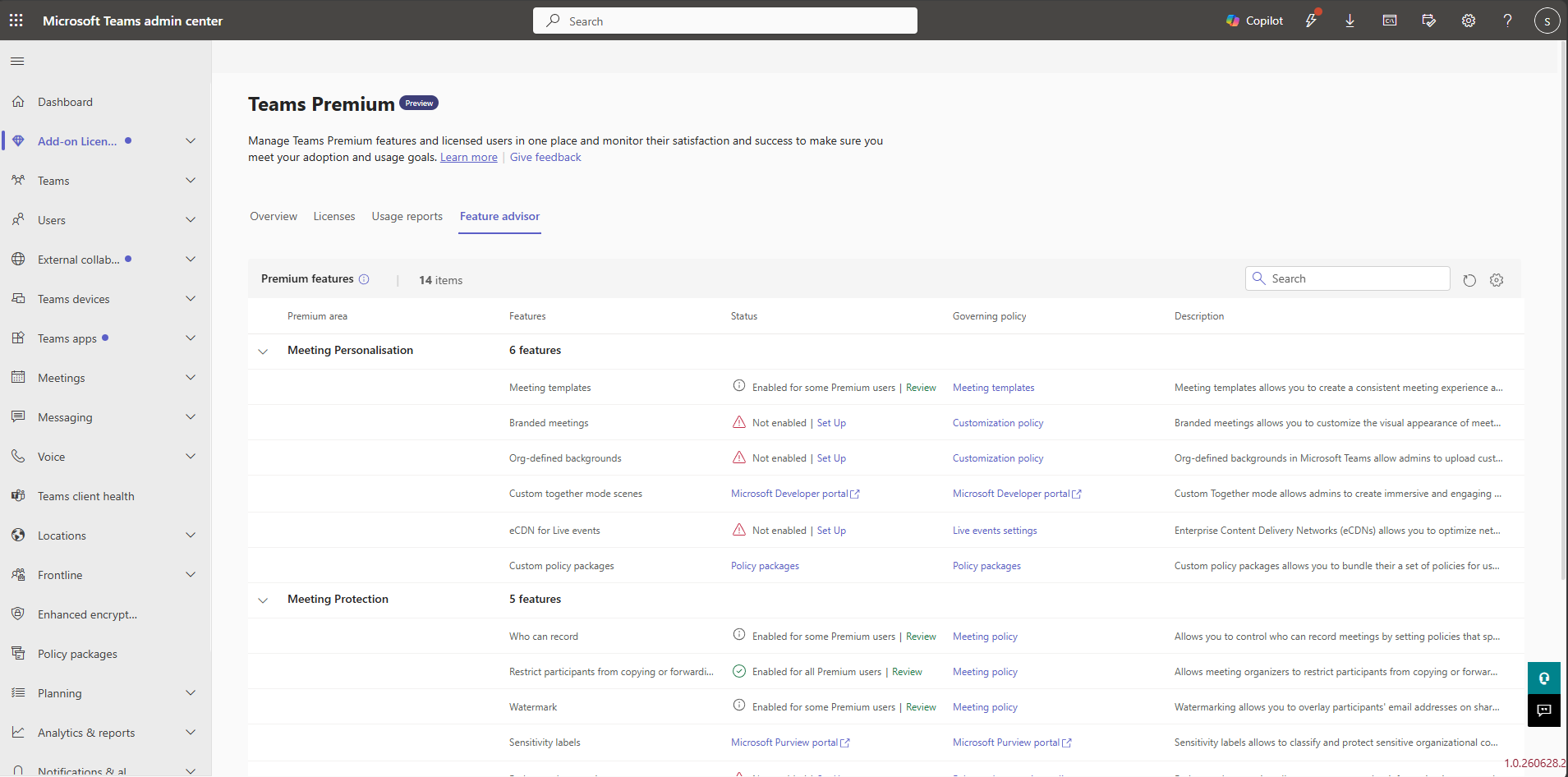 Screenshot of Teams Premium Feature Advisor