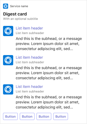 Example shows an Adaptive Card digest card on mobile.