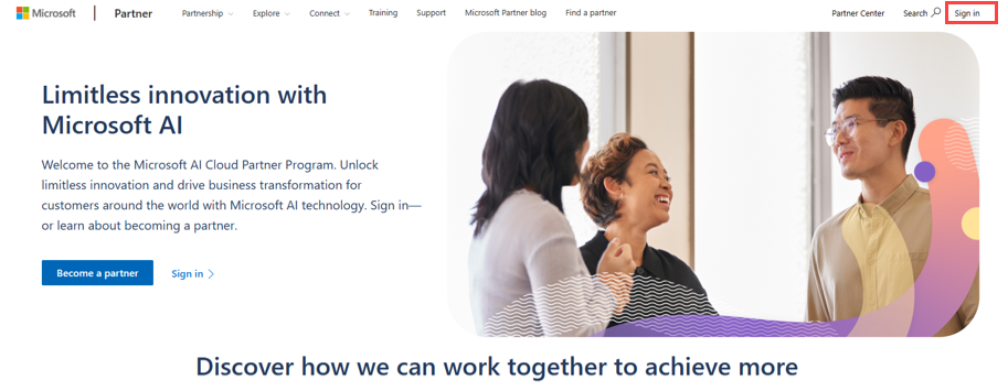 Screenshot of the Partner Center homepage.