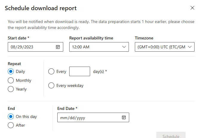 Screenshot of the Downloads hub section: Schedule download report.