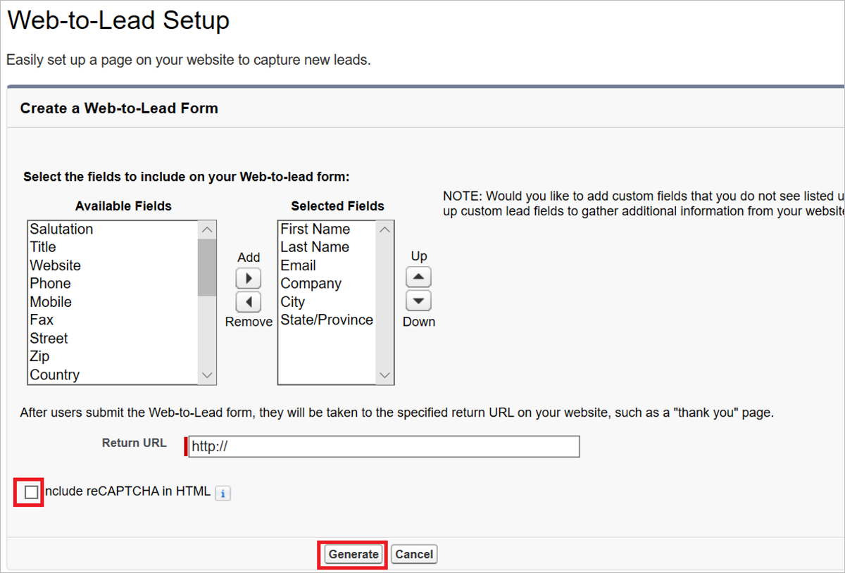 Salesforce Create a Web-to-Lead Form pane