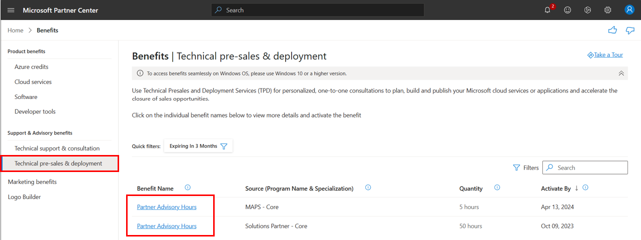 Screenshot that shows the Technical Presales and Deployment benefits.