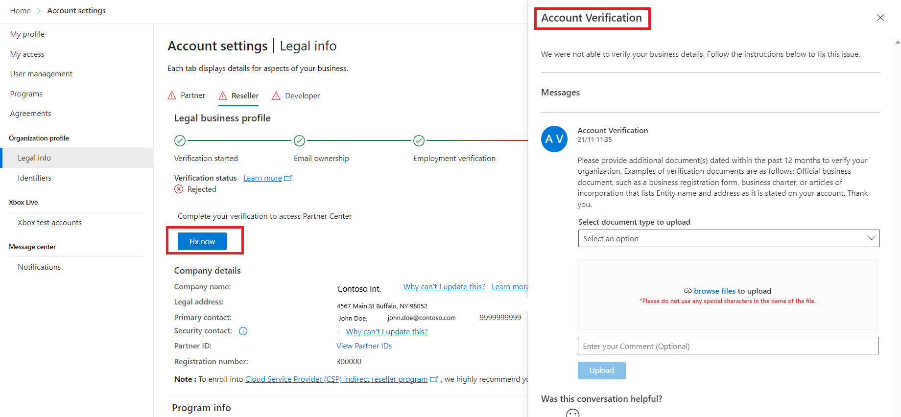 Screenshot of the Account settings | Legal Info window in Partner Center, with the Fix now and Account verification highlighted.