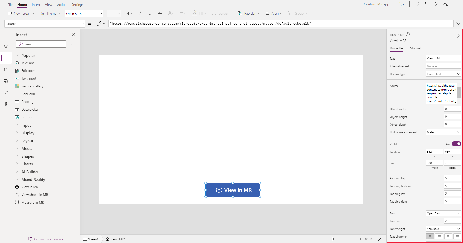 Ένα στιγμιότυπο οθόνης ενός κουμπιού View in MR υπό κατασκευή στο Microsoft Power Apps Studio, το οποίο εμφανίζεται μαζί με τις ιδιότητές του.