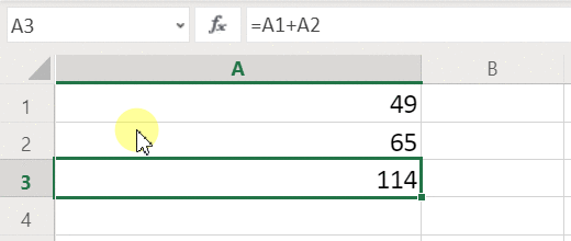 Κινούμενα σχέδια του Excel που πραγματοποιούν εκ νέου υπολογισμό του αθροίσματος δύο αριθμών.