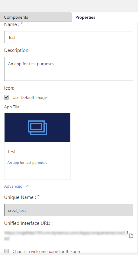 Τμήμα παραθύρου Ιδιότητες του εργαλείου σχεδίασης εφαρμογών.