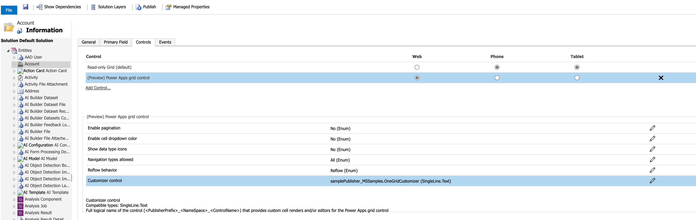 Screenshot of a grid customizer code component assigned to the Customizer control property.