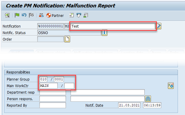 Στιγμιότυπο οθόνης μιας ολοκληρωμένης καρτέλας ειδοποίησης SAP που είναι έτοιμη για αποθήκευση.