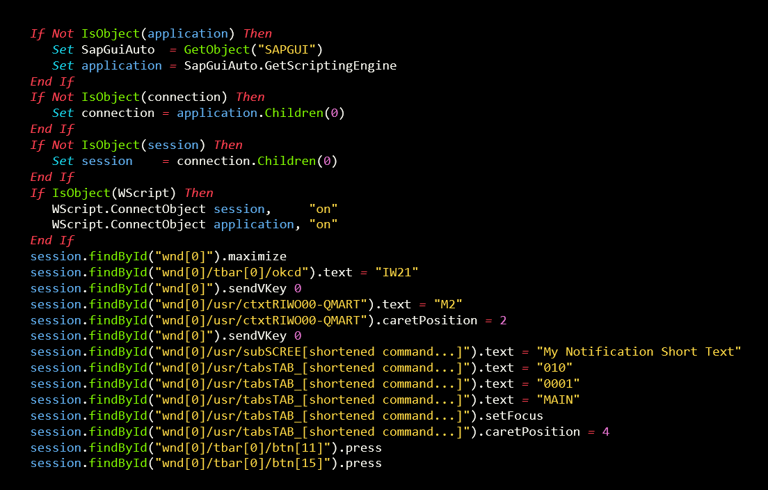 Στιγμιότυπο οθόνης του VBScript που δημιουργήθηκε κατά τη δημιουργία ειδοποιήσεων SAP.