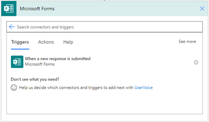 Στιγμιότυπο οθόνης της ενεργοποίησης του Microsoft Forms στον καμβά του Power Automate.