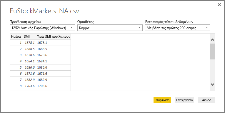 Screenshot of the CSV file dialog, showing the selected CSV.
