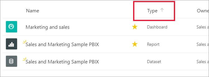 Screenshot shows arrow next to Type column heading.